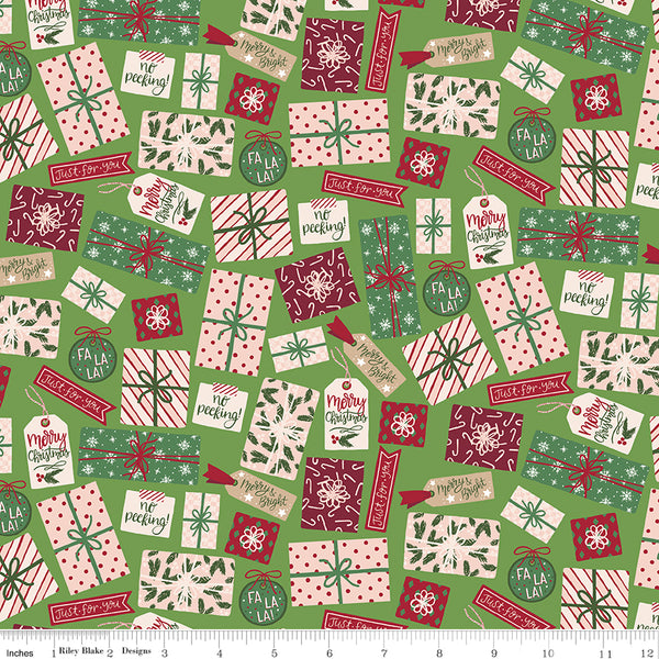 Christmas Village Fabric Pretty Presents Green by Katherine Lenius for Riley Blake Designs