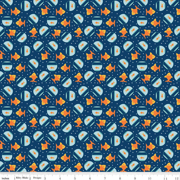 Pets Fabric Goldfish Navy by Lori Whitlock for Riley Blake Designs C13655-NAVY