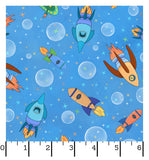 Rush Hour Spaceships Medium Blue - Space Monsters Fabric - Maywood Studio