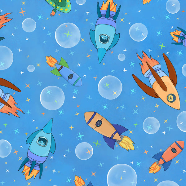 Rush Hour Spaceships Medium Blue - Space Monsters Fabric - Maywood Studio
