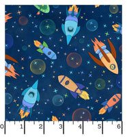 Rush Hour Spaceships Dark Navy - Space Monsters Fabric - Maywood Studio