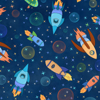 Rush Hour Spaceships Dark Navy - Space Monsters Fabric - Maywood Studio