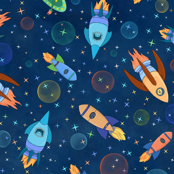Rush Hour Spaceships Dark Navy - Space Monsters Fabric - Maywood Studio