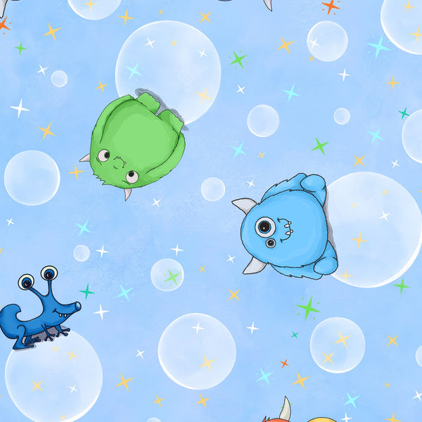 Monster Bubbles Light Blue Fabric - Space Monsters Fabric - Maywood Studio