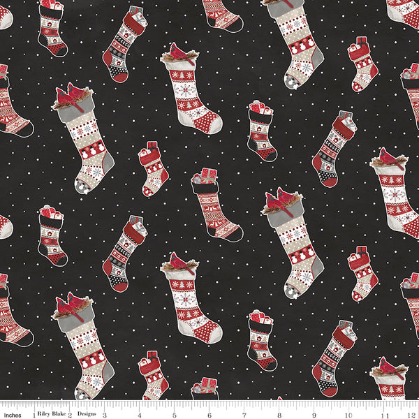 Hello Winter Flannel Fabric Stockings Black by Tara Reed for Riley Blake Designs F11941-BLACK