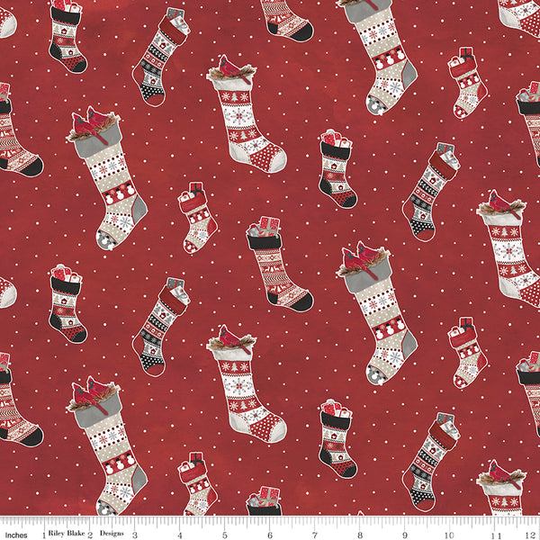 Hello Winter Flannel Fabric Stockings Red by Tara Reed for Riley Blake Designs F11941-RED